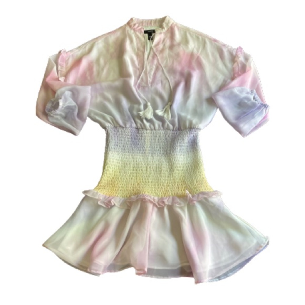 Aqua Rainbow Tie-Dye Ruched Drop Waist White Minidress- Size XS